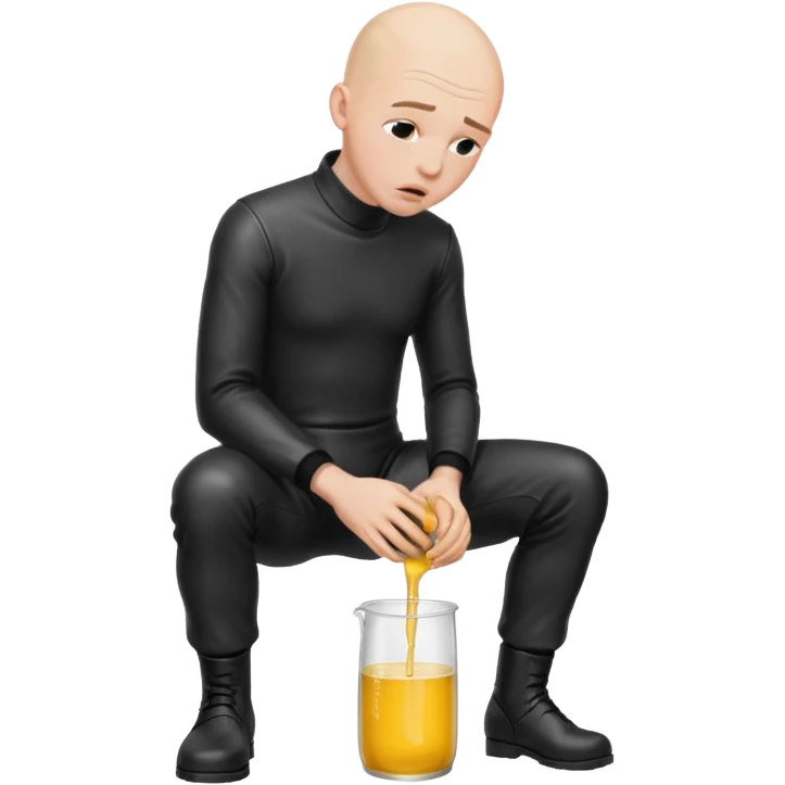 Bald man on his knees submissive to tall, standing man in leather, pouring piss down his throat emoji