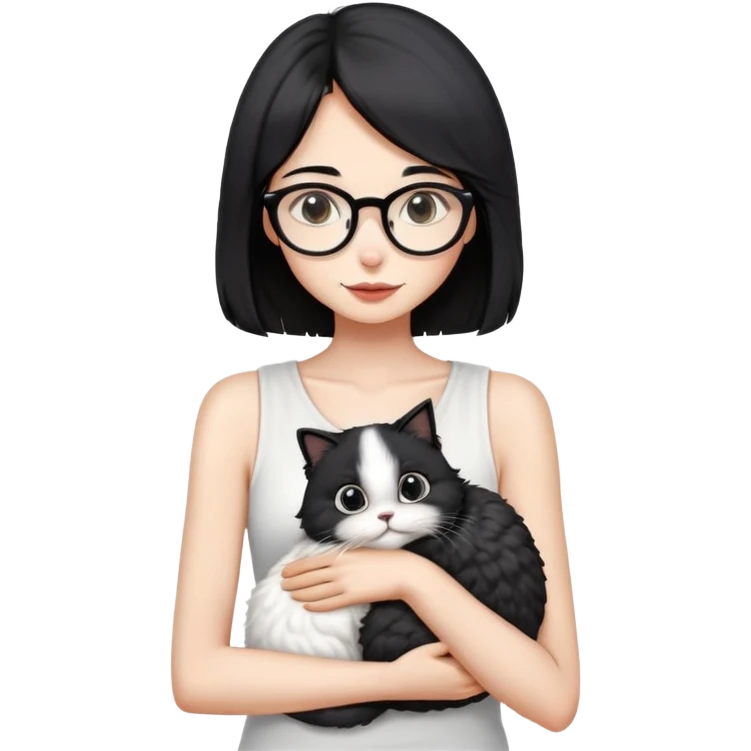 Skinny woman with oval glasses, shoulder length straight black hair, wearing white sleeveless top, hugging a Persian-Angora cat that's gray and white like Oreo cookies, plain background emoji