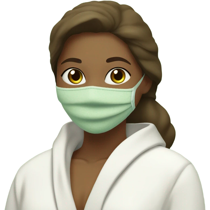White girl with Brown hair and blue eyes wears a Green clay colored skincare textured mask and puts on cucumbers around her eyes while She relaxes in her white Robe emoji