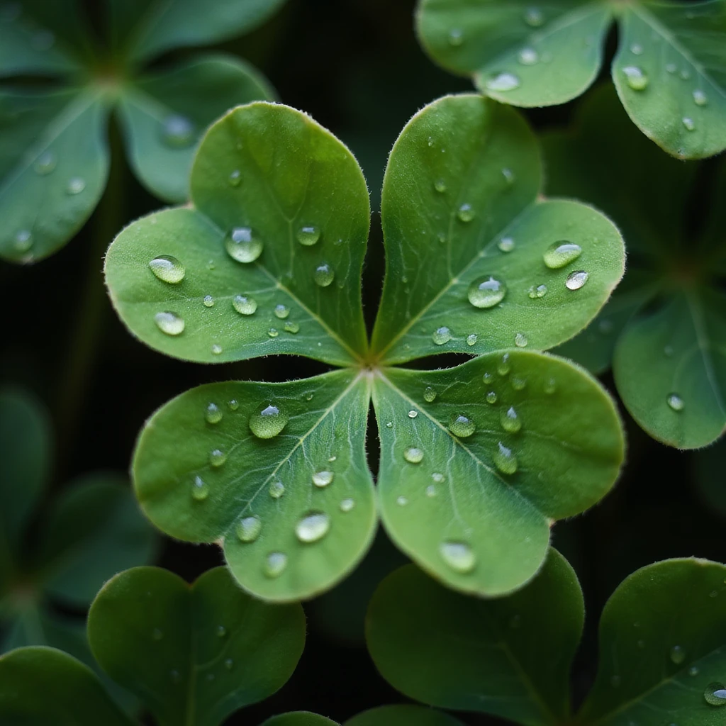 a realistic green four-leaf clover, with dew drops, photorealistic, natural details, close-up emoji
