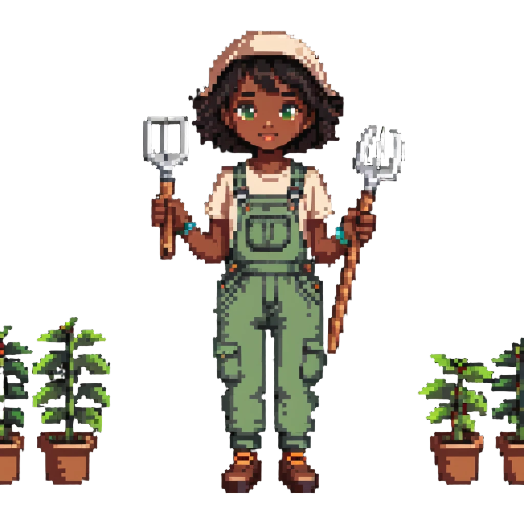 Beautiful brown skin girl with dark short hair wear garden overalls holding garden tools emoji