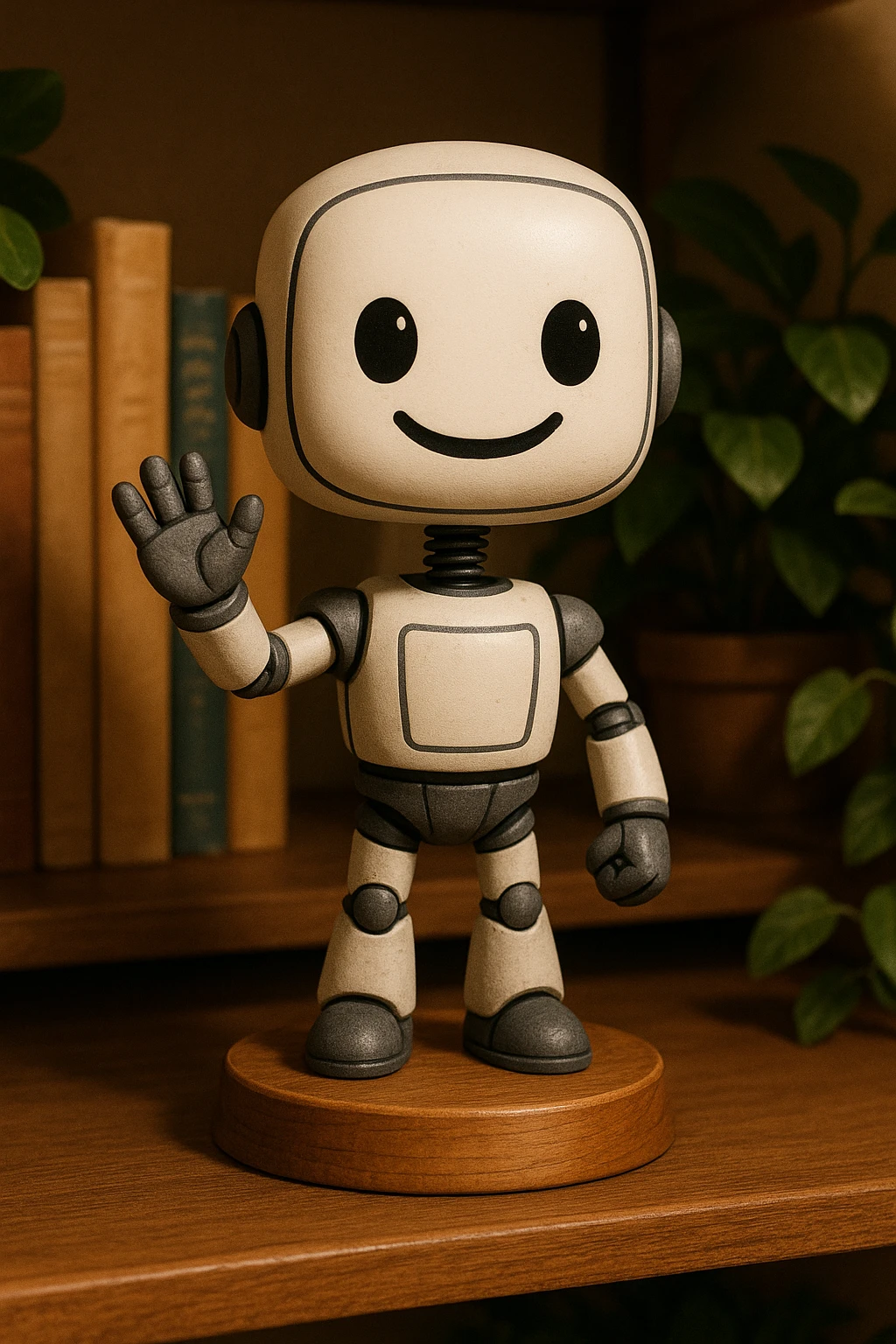 a friendly robot waving bobblehead style emoji