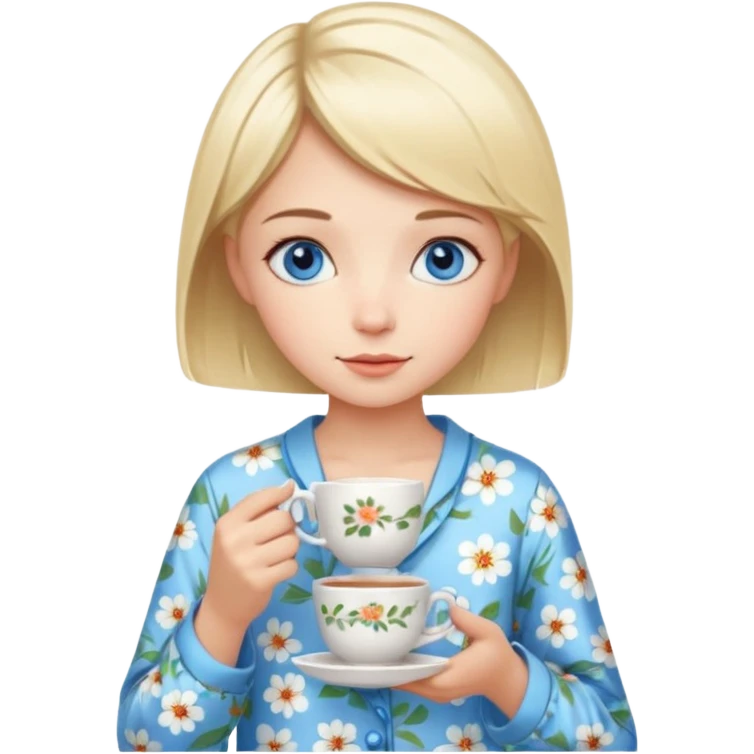 Blue eyed girl with short blond hair in floral pijamas is holding a cup of tea emoji