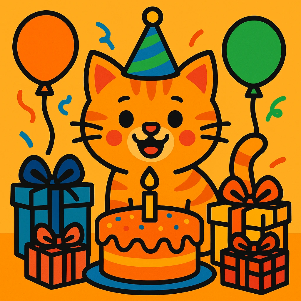 a ginger tabby kitten celebrating its birthday, wearing a birthday hat, surrounded by a birthday cake, balloons, gifts, and looking happy emoji