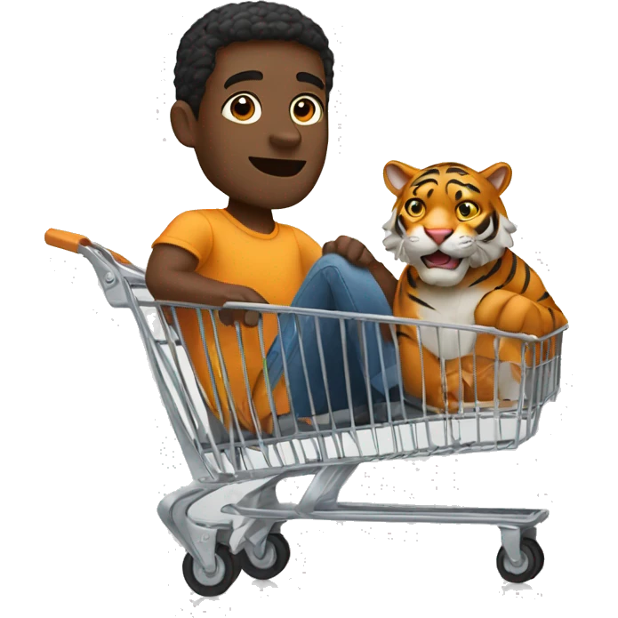 a black man riding in a shopping cart with a tiger emoji