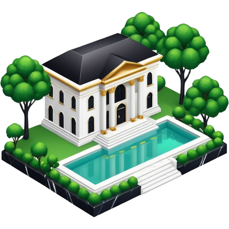 white and black expensive luxurious divine glorious beautiful gorgeous glittery marble mansion aesthetics with shiny gold accents with green isometric bushes and big pool emoji