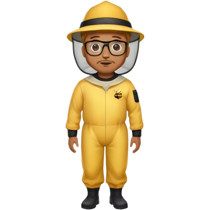 full body medium plus size male bee keeper in yellow and black with short light strawberry blonde hair and goatee wearing glasses with bee keeper hat emoji