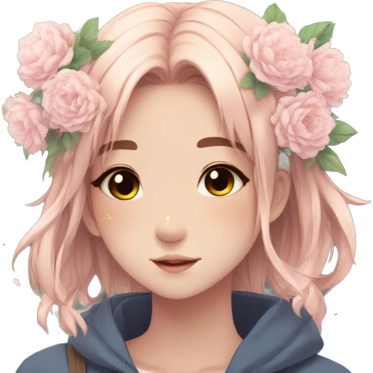Gorgeous anime style shojo girl with blushing face and flowers aesthetic trending style outside emoji