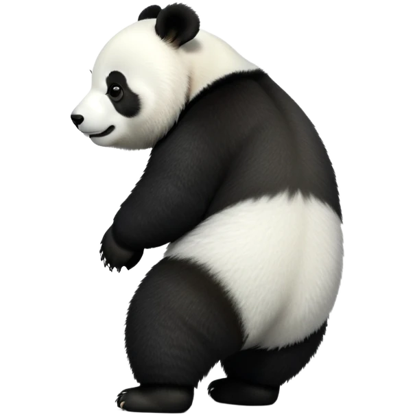 cinematic-[panda bear]-realistic-full-body-standing on all fours-emoji,-tail-tucked-close,-head-tilted-dramatically,-thick-[black and white]-fur,-simplified-yet-realistic-focused-features,-highly-detailed,-glowing-with-an-almost-sarcastic-glow emoji