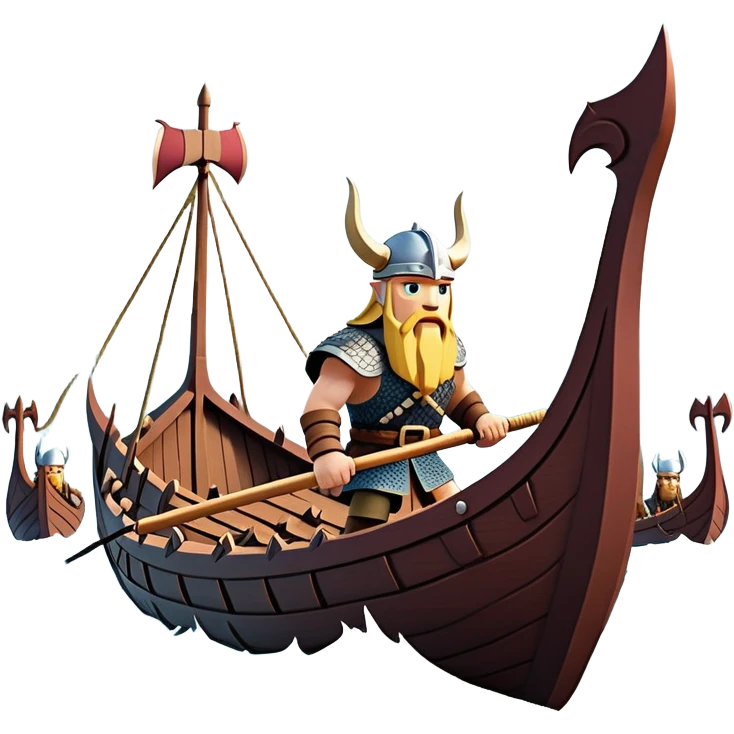 clash-of-clans-aesthetic_-cinematic-viking-longboat, rendered in a flat, bold vector style with minimal shading, featuring a striking dragon-headed prow slicing through waters. shields on the side and vikings rowing The longboat’s, the boat has carved motifs evoke a sense of epic adventure and Nordic might, with billowing sails catching a dramatic, stormy sky backdrop. emoji
