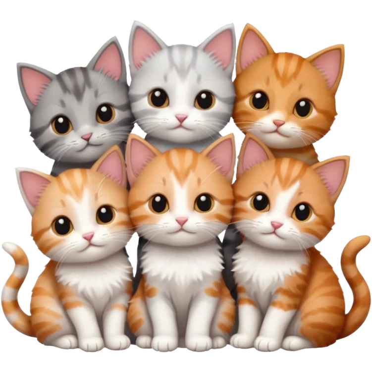 6 tiny kittens cuddling together all different colours, the first one is grey and white, the second is ginger and white and the third is brown tabby and white emoji