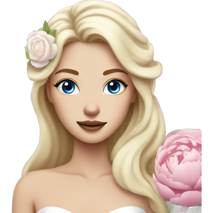 White bride with long light blonde hair and blue eyes with light pink peonies in hair white skin  emoji