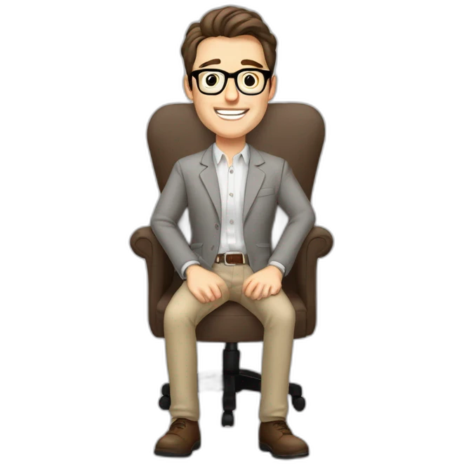 Joyful Pale skinned Fit Man With dark brown hair in gray jacket, beige office shirt, Brown pants and vintage glasses sitting In a soft chair. His thrumbs up emoji