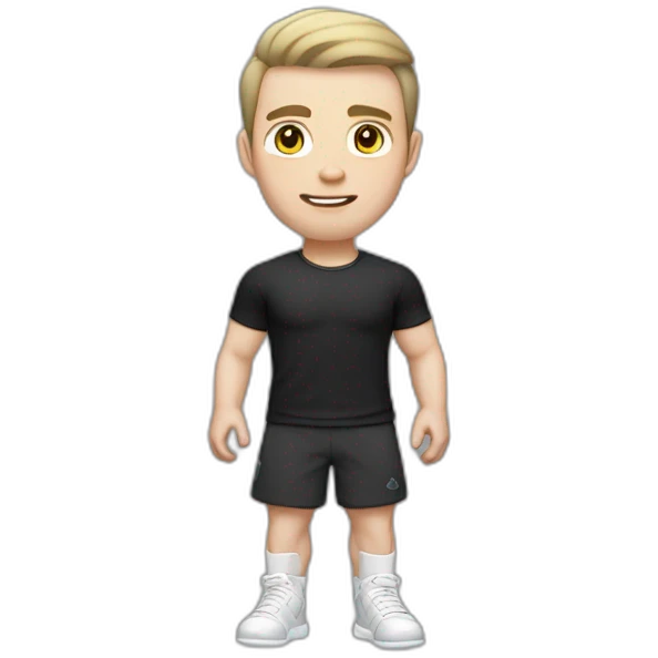 Pale skinned Fit Man With the biceps and dark brown hair in black shirt, gray sports shorts and white Sneakers emoji