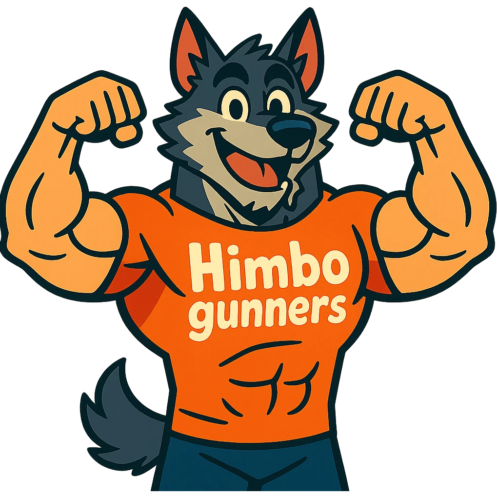 extremely muscular wolf furry, flexing with both arms, wearing a t-shirt that says 'Himbo gunners', cheerful expression emoji