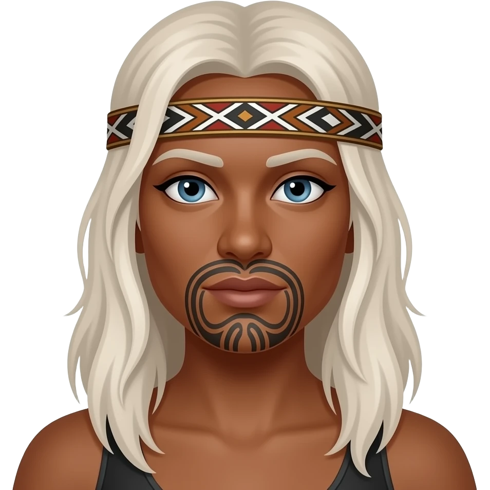 Maori warrior female with tribal moko Kauwae on chin only dark skinned Taniko headband long white blonde hair and blue eyes emoji