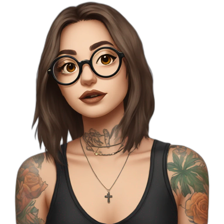 shoulder length brown hair e-girl with cross tattoo under cheek and round black glassess emoji