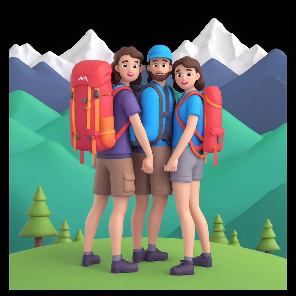 back packer couple posing, mountains in background,   close up pose emoji