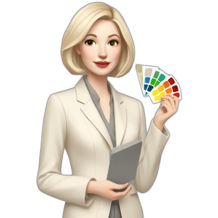 pale skin woman with ash blonde Straightened bob Hair, White Spacious classical jacket, beige palazzo Arrow pants and gray blouse holding a color palette in the hands emoji