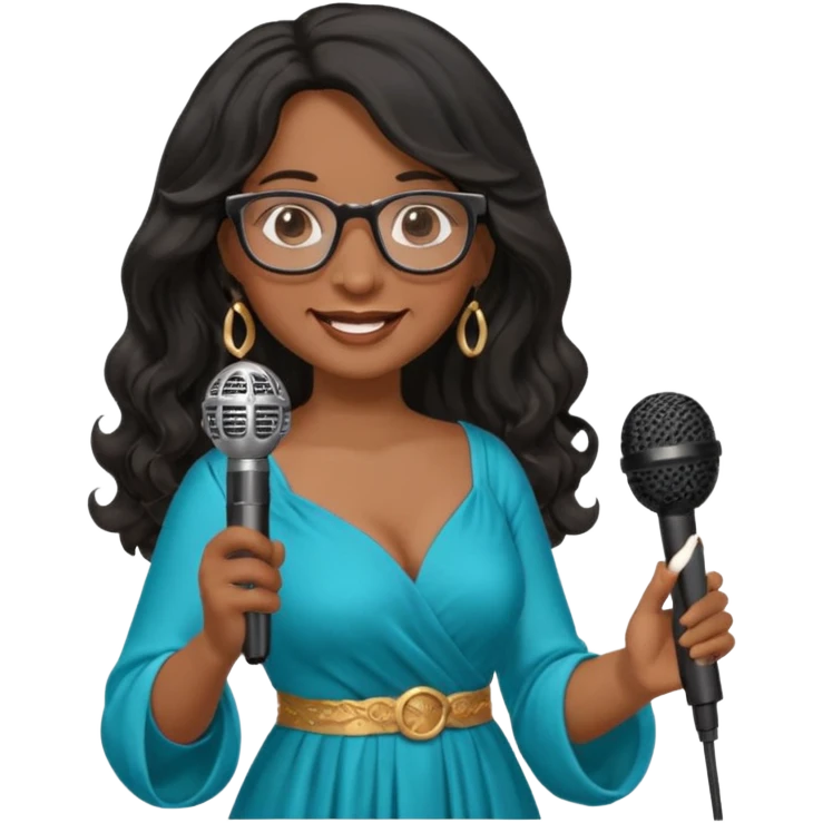 singer, Middle age, long wavy black hair, brown skin, wearing dress, holding mic, glasses emoji