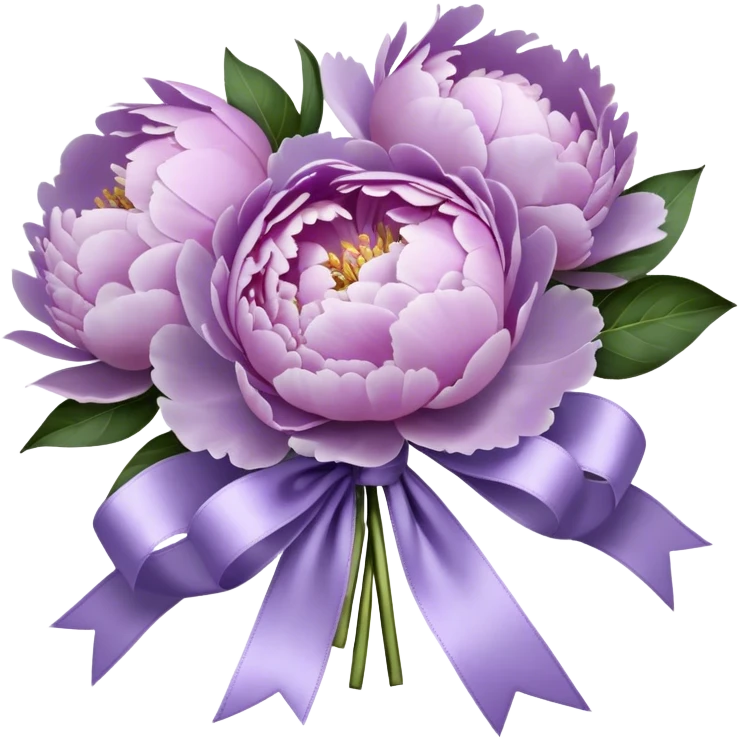 "A hyper-realistic bouquet of light purple peonies, freshly bloomed, tied with a luxurious satin ribbon in a soft lavender shade. The petals are delicate and slightly ruffled, with subtle color gradients ranging from pale lilac to deep violet. The bouquet is placed on an elegant marble tabletop with a vintage-style mirror reflecting its beauty. Soft natural light enhances the intricate textures of the flowers, casting gentle shadows."
 emoji