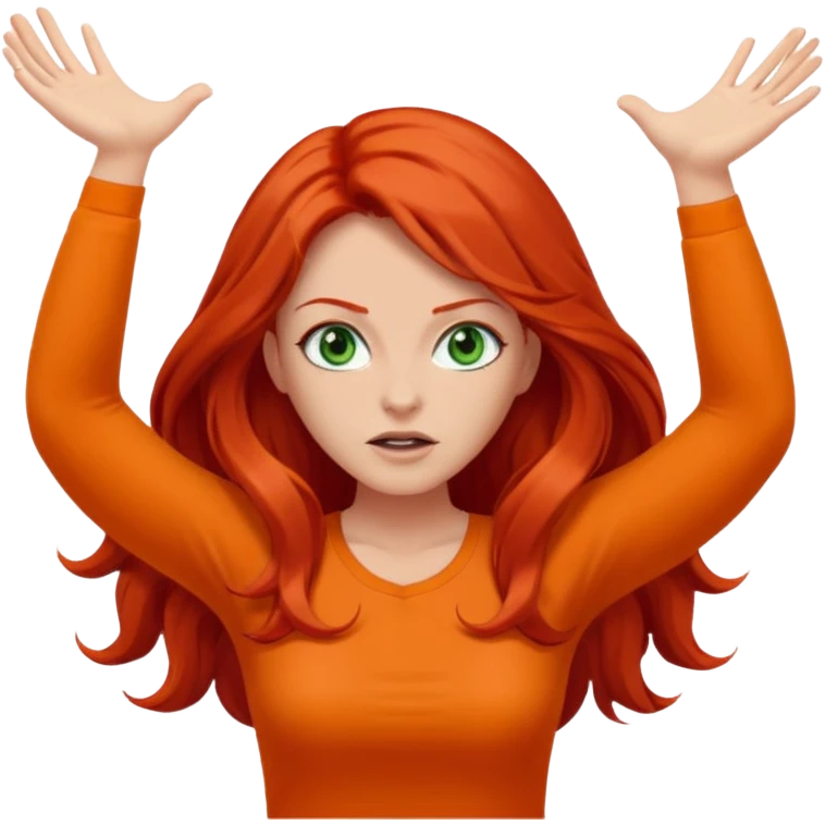 lady with long red hair, green eyes and orange top throwing arms in the as if confused emoji