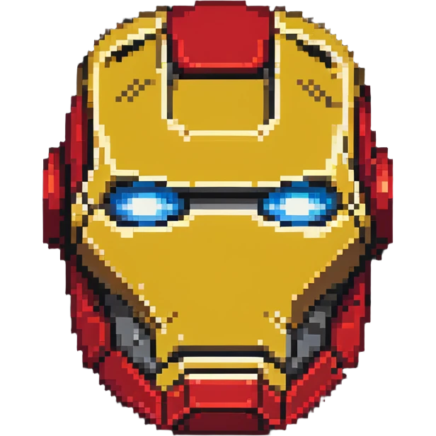 Iron Man face helmet in pixel art style, red and gold superhero mask emoji
