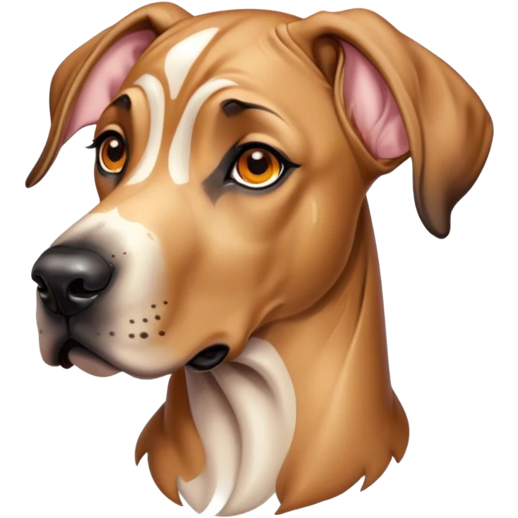 Cinematic Cute Fawn Great Dane Portrait Emoji, Head tilted playfully and inquisitively, showcasing a glossy fawn coat with a subtle luster, round, sparkling amber eyes filled with curiosity, Simplified yet irresistibly adorable features, highly detailed, glowing with a warm, friendly glow, high shine, affectionate and gentle, stylized with a touch of whimsy, bright and endearing, soft glowing outline, capturing the essence of a mischievous yet loving pup, so playful it feels like it could lumber out of the screen and into your arms! emoji