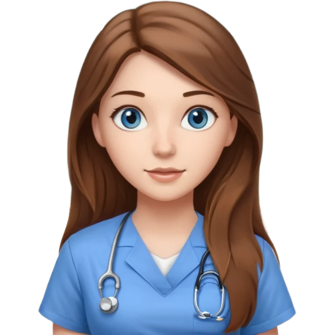 inside a classroom at university that says nursing school on the board with a pretty female nursing student with long brown hair, blue eyes emoji