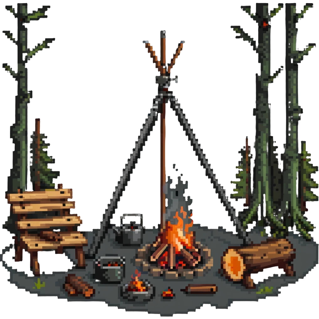 bushcraft wilderness campfire with tripod cooking setup and log seats emoji