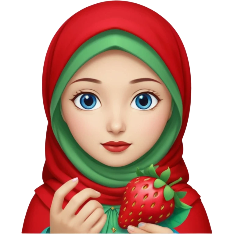 Turkish beautiful finish Konya girl blue eyes with red light green hijab islamic dress and had on her hand strawberry  emoji