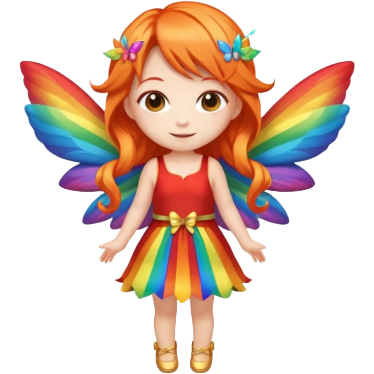 fairy with long orange hair, rainbow wings, red dress, happy, chibi full body emoji