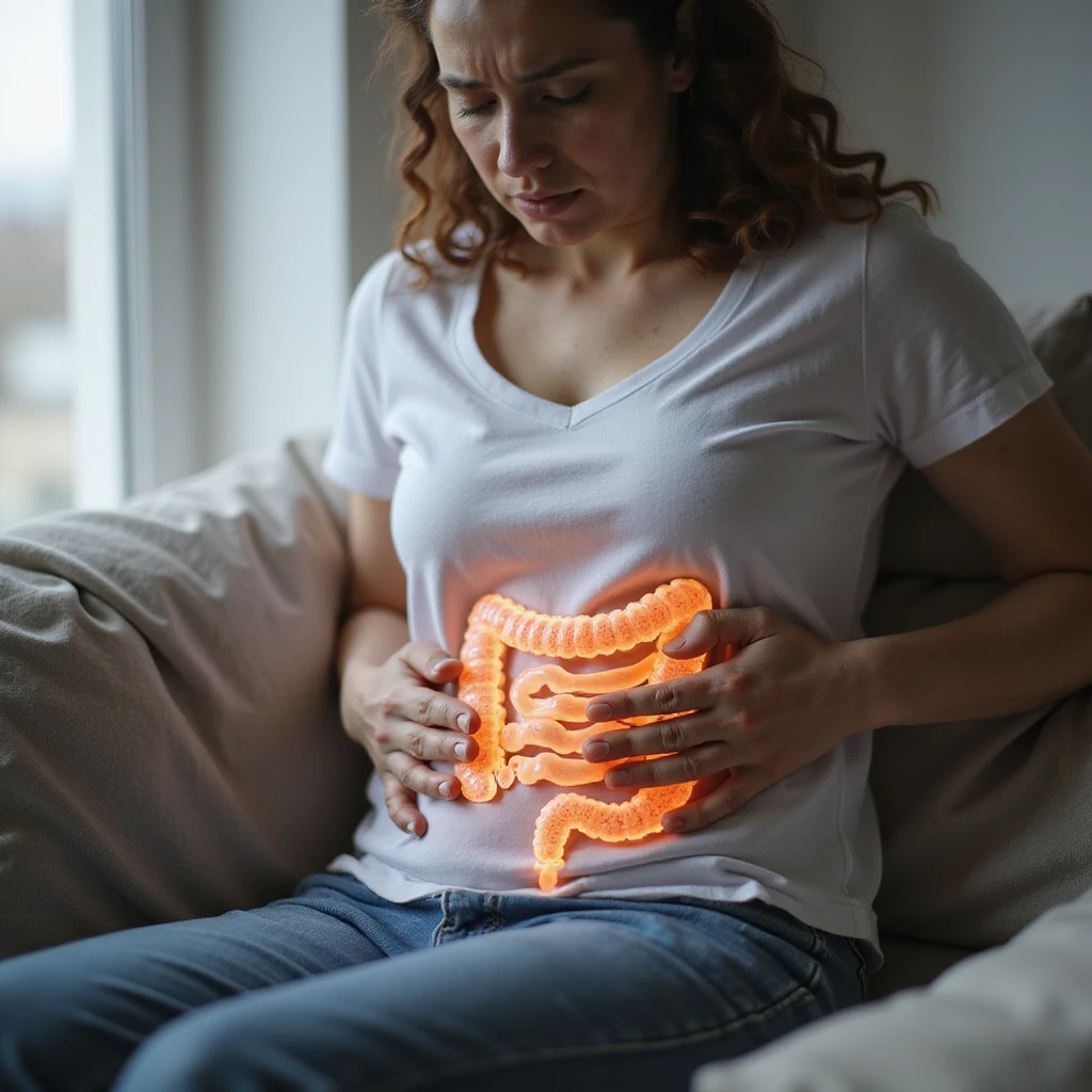 adult woman, photorealistic, intestinal problems, sitting on sofa with hands on abdomen, intestine illustrated in transparency, painful expression, natural light, home background emoji