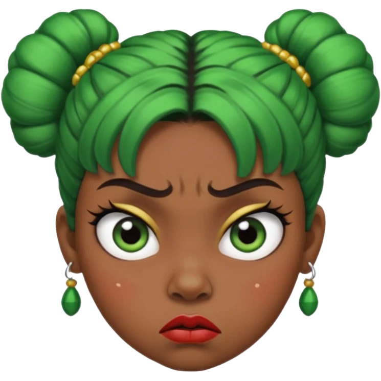 Create a 3D cartoon-style girl character with dark skin, round face, angry expression, big wide eyes, and tightly styled double buns made of green beaded hair. The girl should look irritated, eyebrows sharply angled, and lips pressed in a frown. emoji