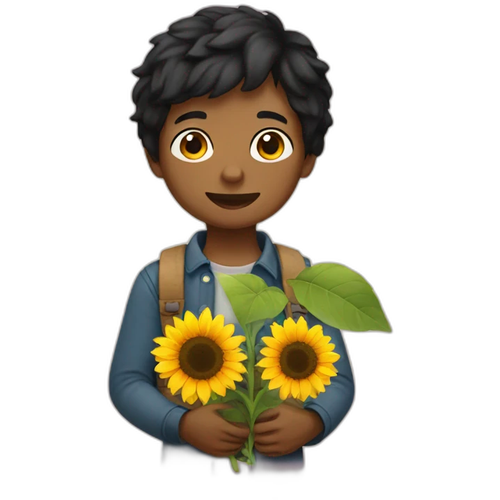 Short black hair boy holding sunflower emoji