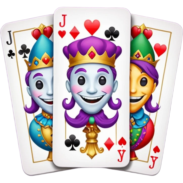 3 poker cards, with crazy colorful human jolly jokers inside emoji