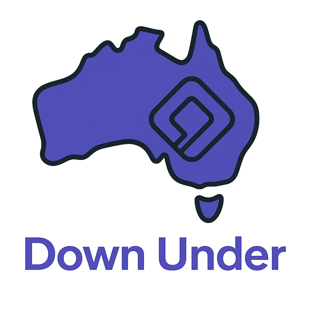 Add the wording 'Down Under' in a clean, modern font below the map of Australia with the official Microsoft Power Pages icon overlay. Use #403DAD as the main color, no digital web overlay emoji
