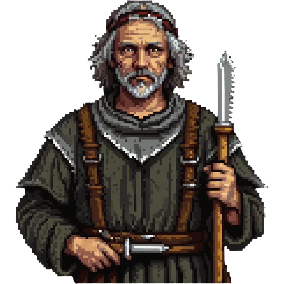 middle-aged peasant man in ragged medieval clothes with dirty face and simple tools emoji