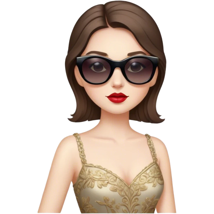 a pale brunette girl with elaborate makeup and dress, wearing sunglasses, confident emoji