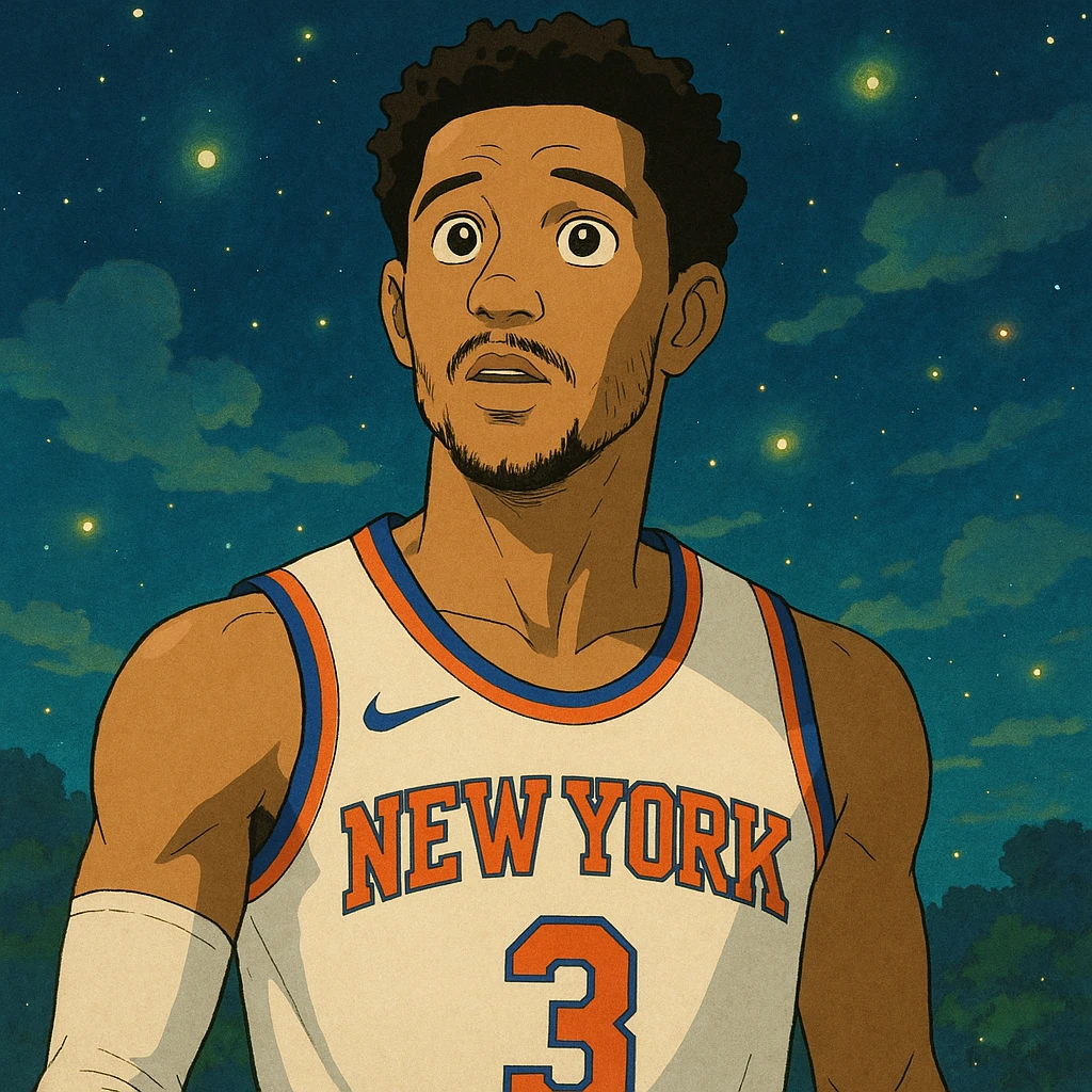 Portrait of Josh Hart in Knicks uniform, expressive eyes, magical setting, Ghibli style emoji