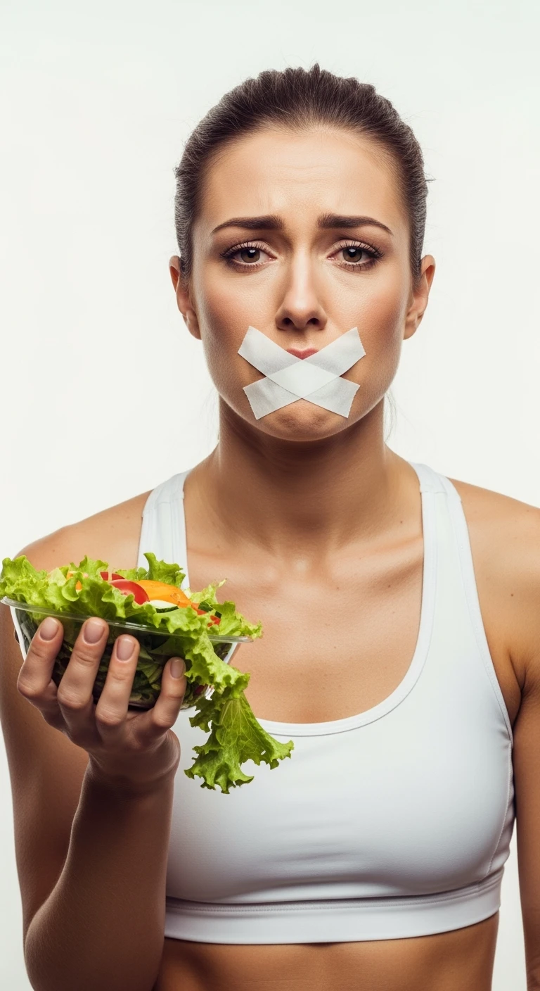 donna fitness con insalata in mano ed espressione molto triste e stanca, scotch a croce sulla bocca, sfondo bianco emoji