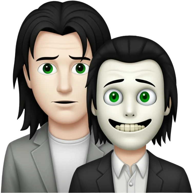 Rick Astley with a big sideways Jeff The Killer face, and the background is (ever so slightly greenish) gray but you can only see half of the background emoji