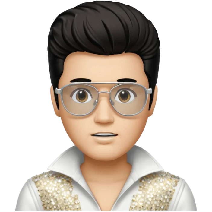 A boy with an Elvis Presley mask with glasses dressed as Elvis Presley emoji