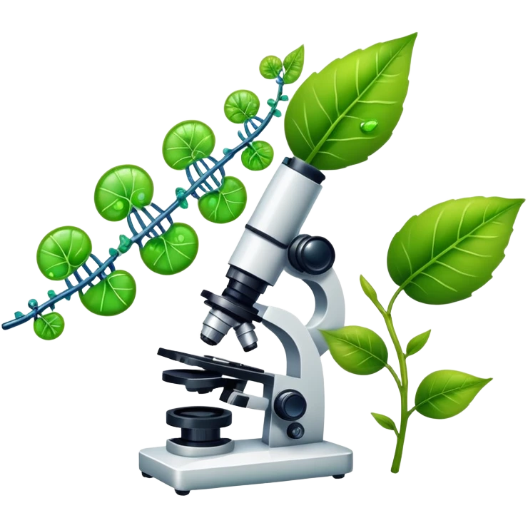 An icon featuring a DNA strand, a microscope with visible cells, and a green leaf, symbolizing biology. The design includes animal cells, plant structures, representing the study of living organisms and ecosystems. Transparent background highlights life sciences and biological research. emoji