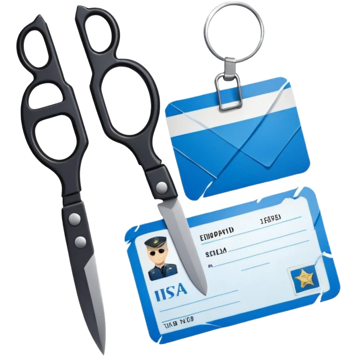 Floating black Scissors cutting an idf soldier ID card in 2 parts .hyper realistic emoji