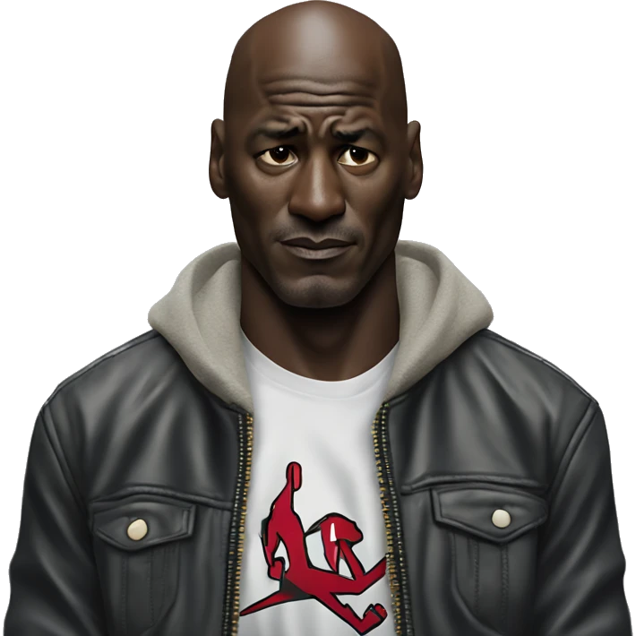 Michael Jordan in a jacket holds his head and is sad photorealistic serious emoji