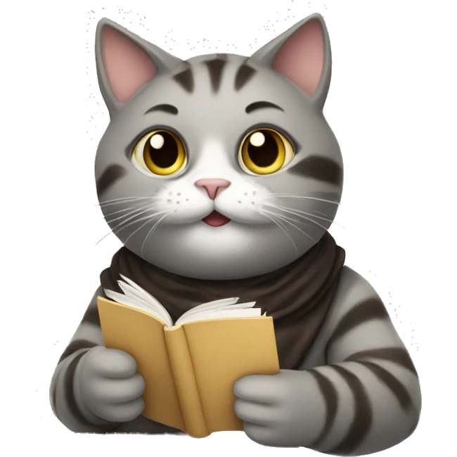 cat holding a cup of coffee and reading a book emoji