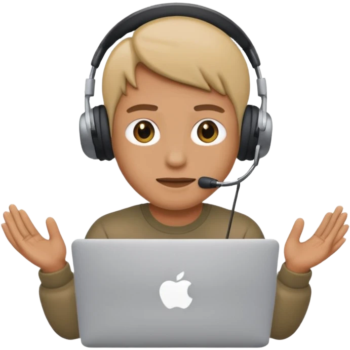 person sitting behind a MacBook, recording himself with an iPhone, apple style emoji emoji