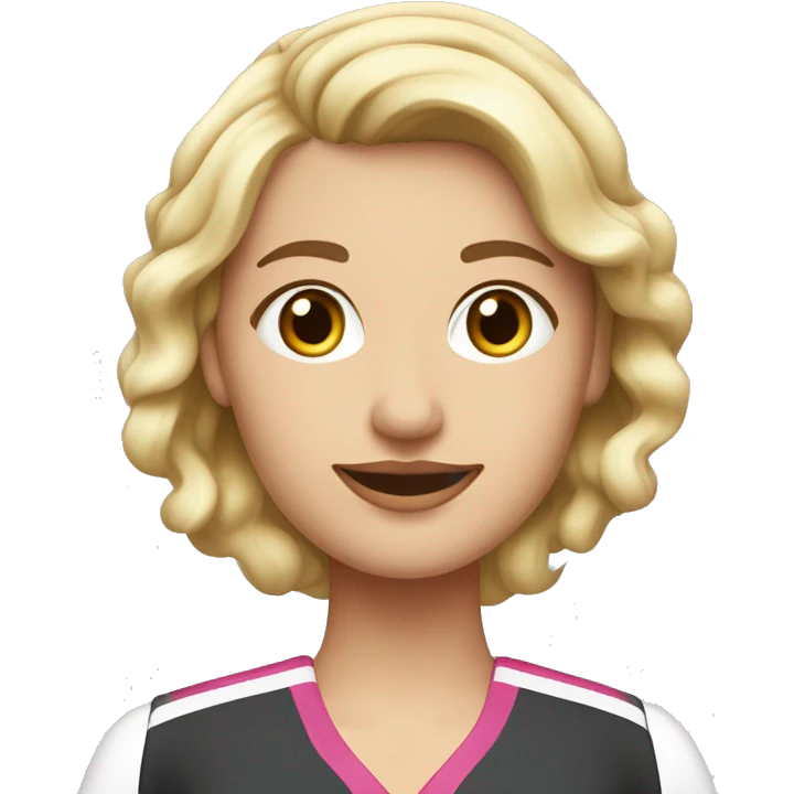 Mujer joven de cabello rubio claro con ondas, con el uniforme clinico rosado y delantal blanco emoji