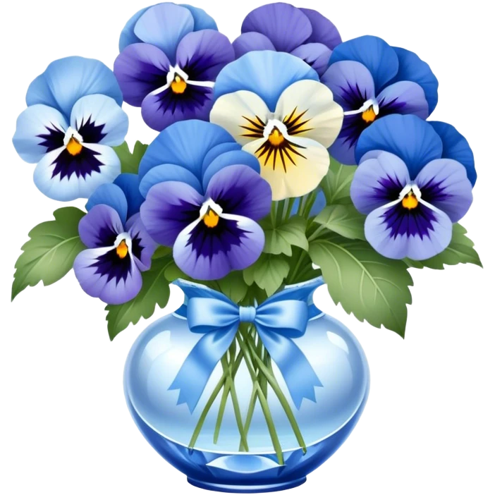 A charming bouquet of deep blue and pastel blue pansies, delicately arranged with hints of periwinkle and sky-blue blooms, wrapped in a pearl satin ribbon and placed in a crystal vase, reflecting soft light. emoji